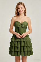 Strapless Yellow Chiffon Tiered Short Homecoming Dresses with Bow