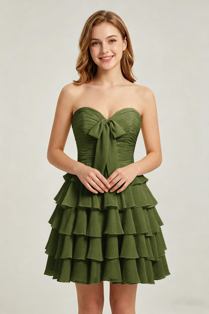 Strapless Yellow Chiffon Tiered Short Homecoming Dresses with Bow