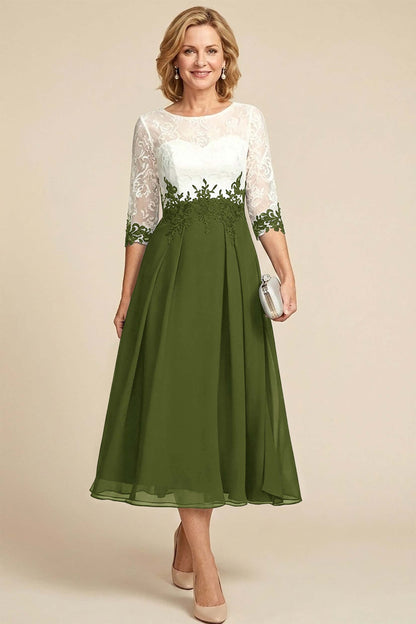 Navy Blue 3/4 Sleeve Two-Tone Lace Chiffon Mother Dresses