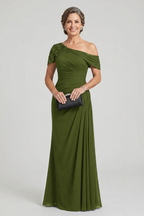 Black One-Shoulder Beaded Ruched Chiffon Mother Dresses