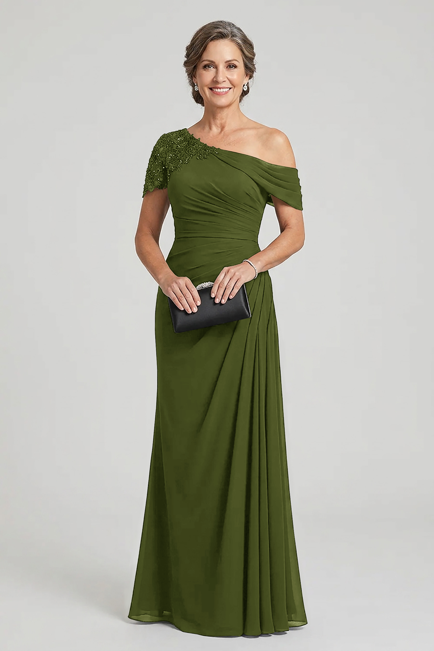 Black One-Shoulder Beaded Ruched Chiffon Mother Dresses