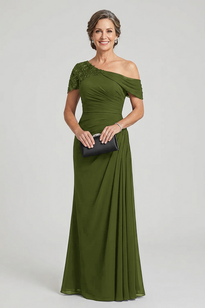 Black One-Shoulder Beaded Ruched Chiffon Mother Dresses