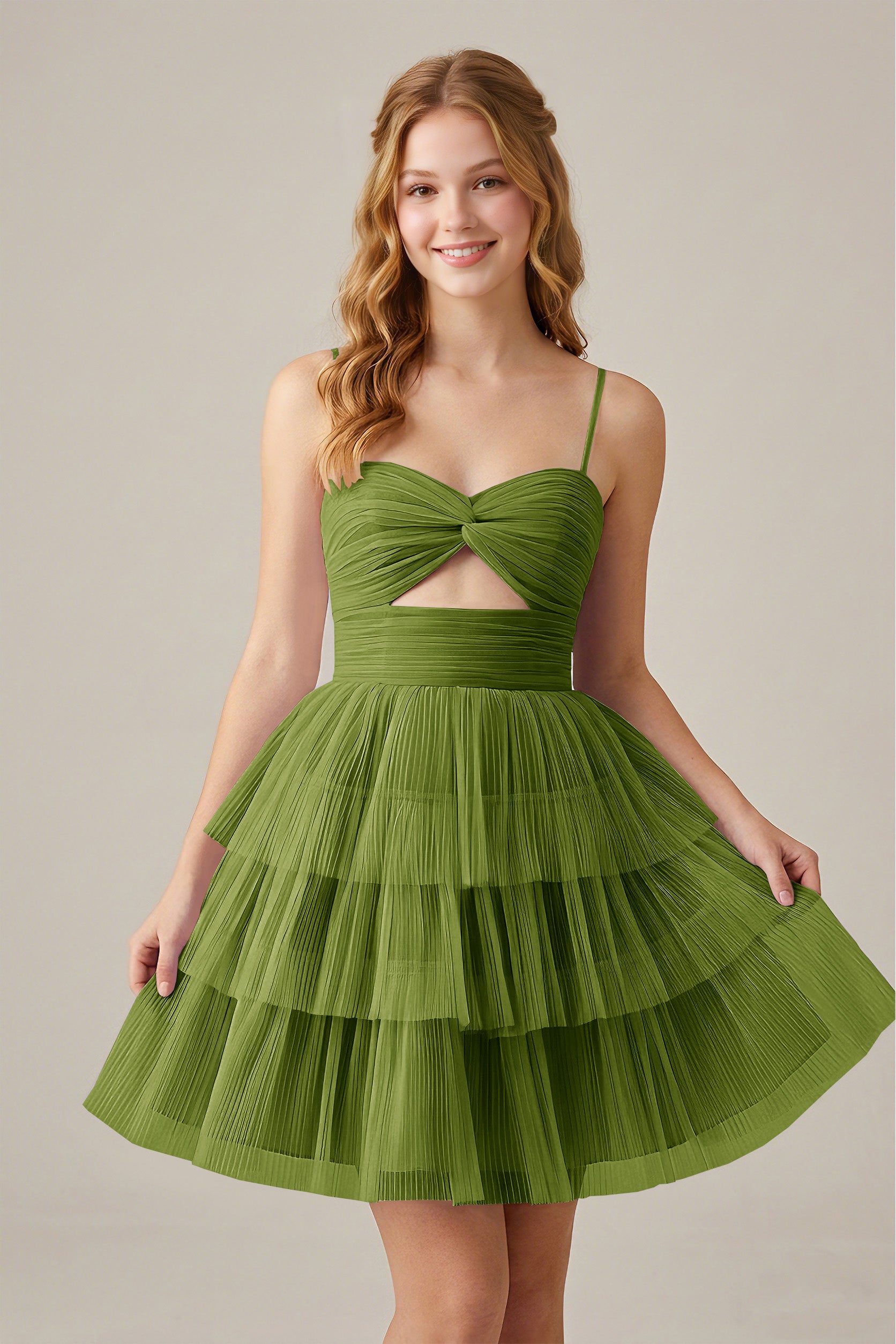 Olive Green Sleeveless Pleated Tulle Cutout Tiered Homecoming Dresses