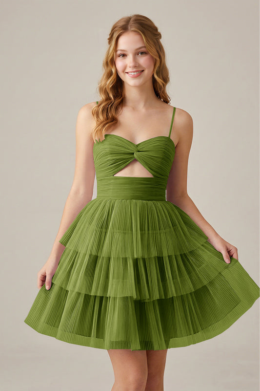 Olive Green Sleeveless Pleated Tulle Cutout Tiered Homecoming Dresses