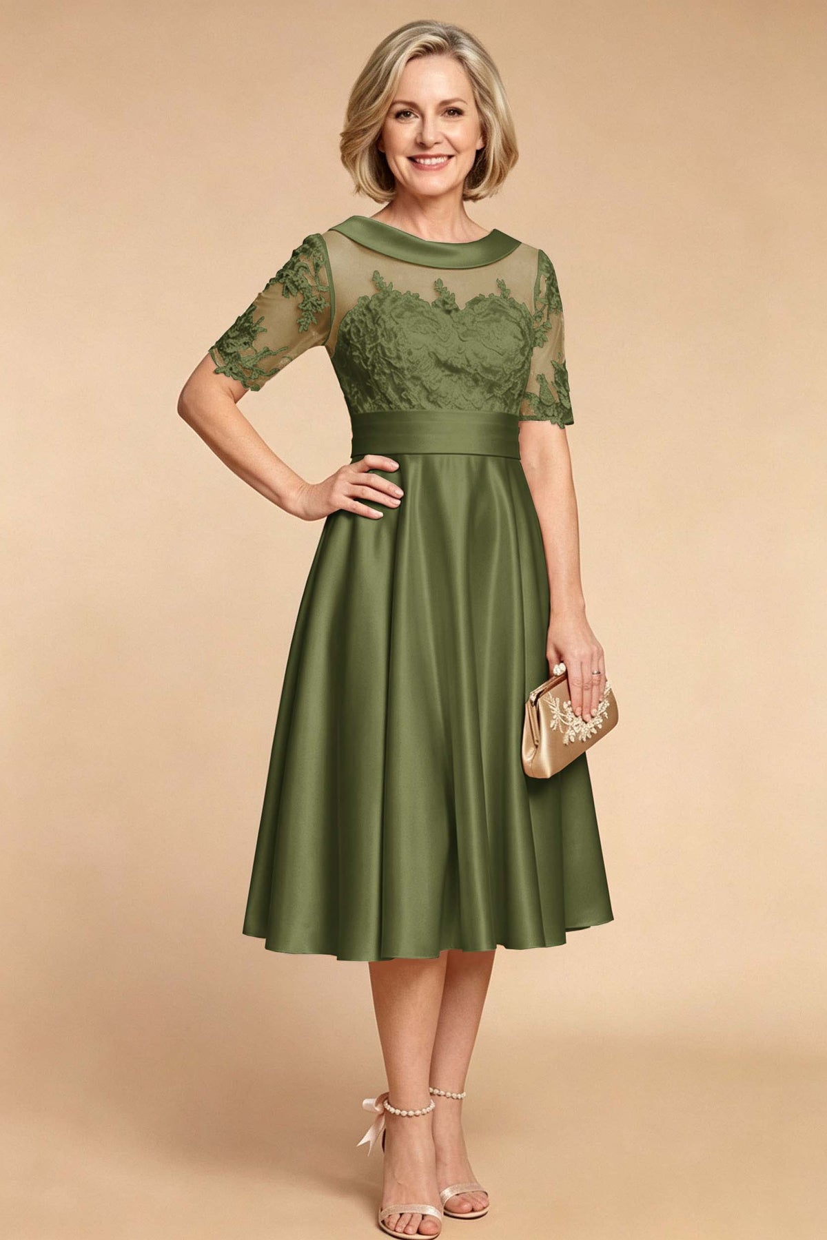 Champagne Imitation Stretch Satin Elbow Sleeve Tea-Length Mother Dresses