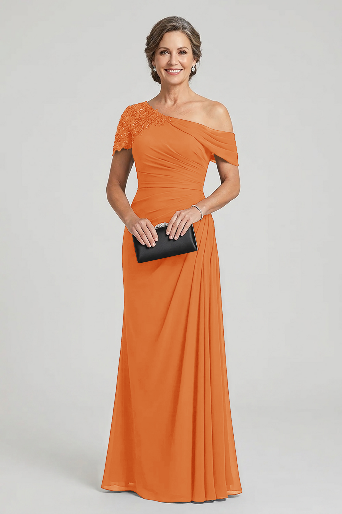Black One-Shoulder Beaded Ruched Chiffon Mother Dresses