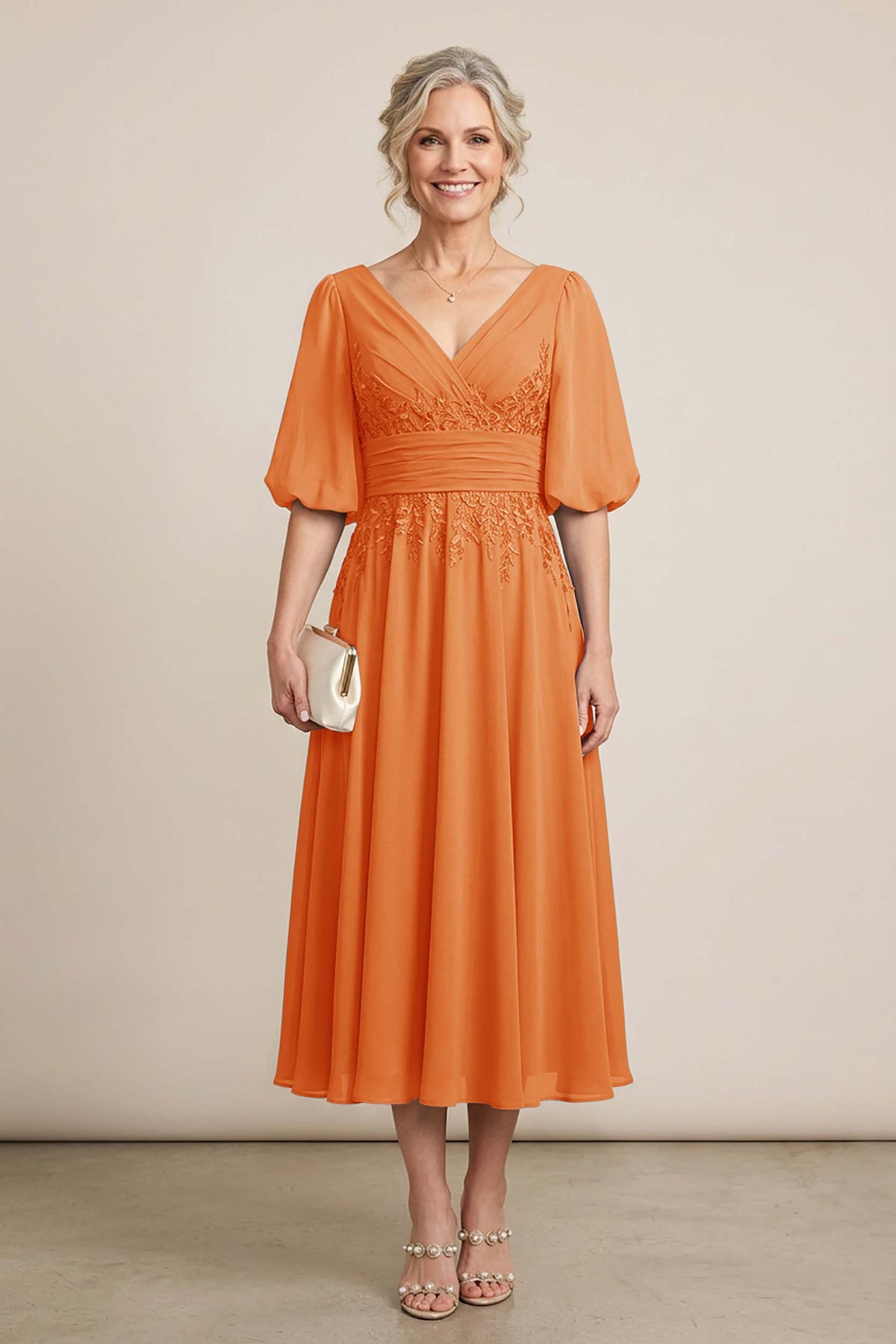 Dusty Blue V-Neck Lace Chiffon Tea-Length Mother Dresses