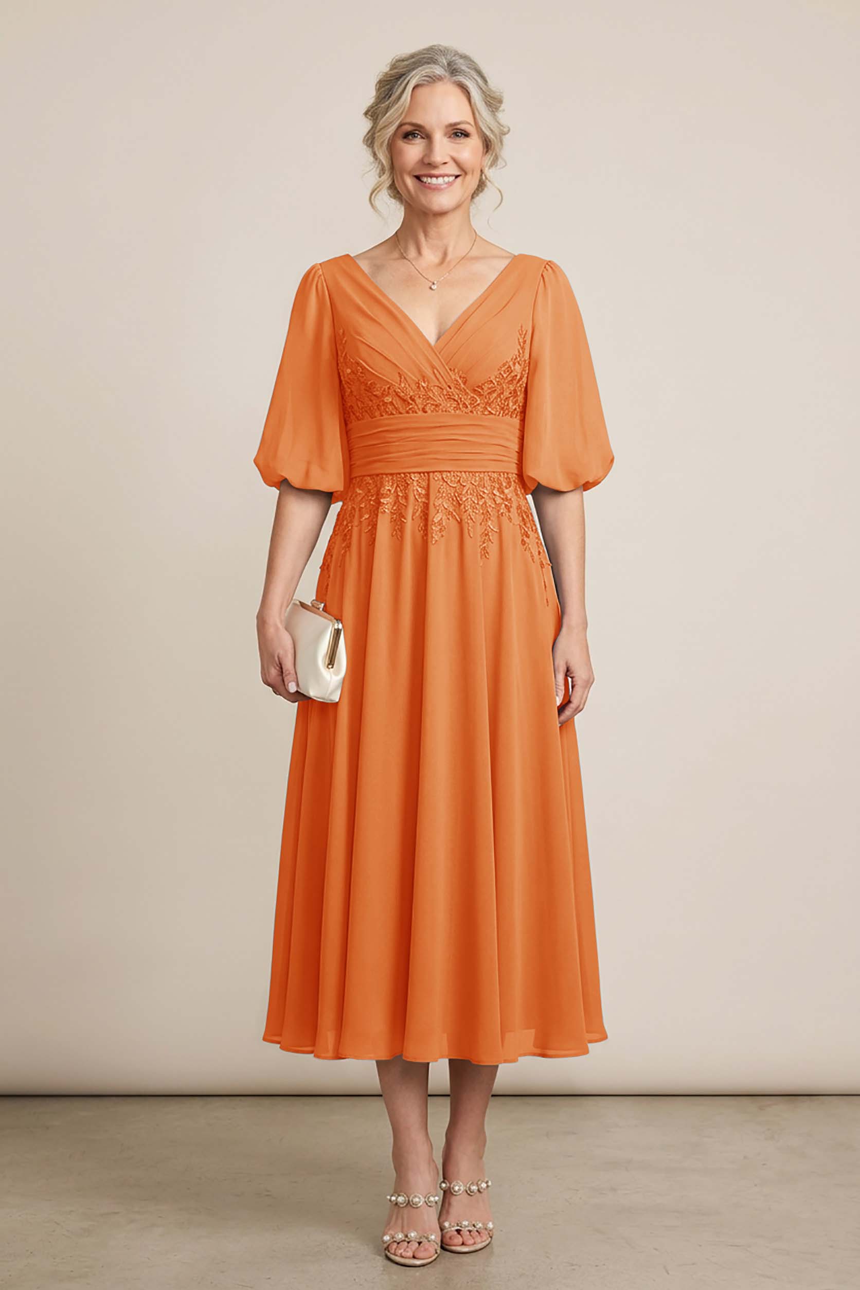 Dusty Blue V-Neck Lace Chiffon Tea-Length Mother Dresses