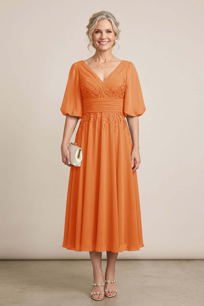 Dusty Blue V-Neck Lace Chiffon Tea-Length Mother Dresses