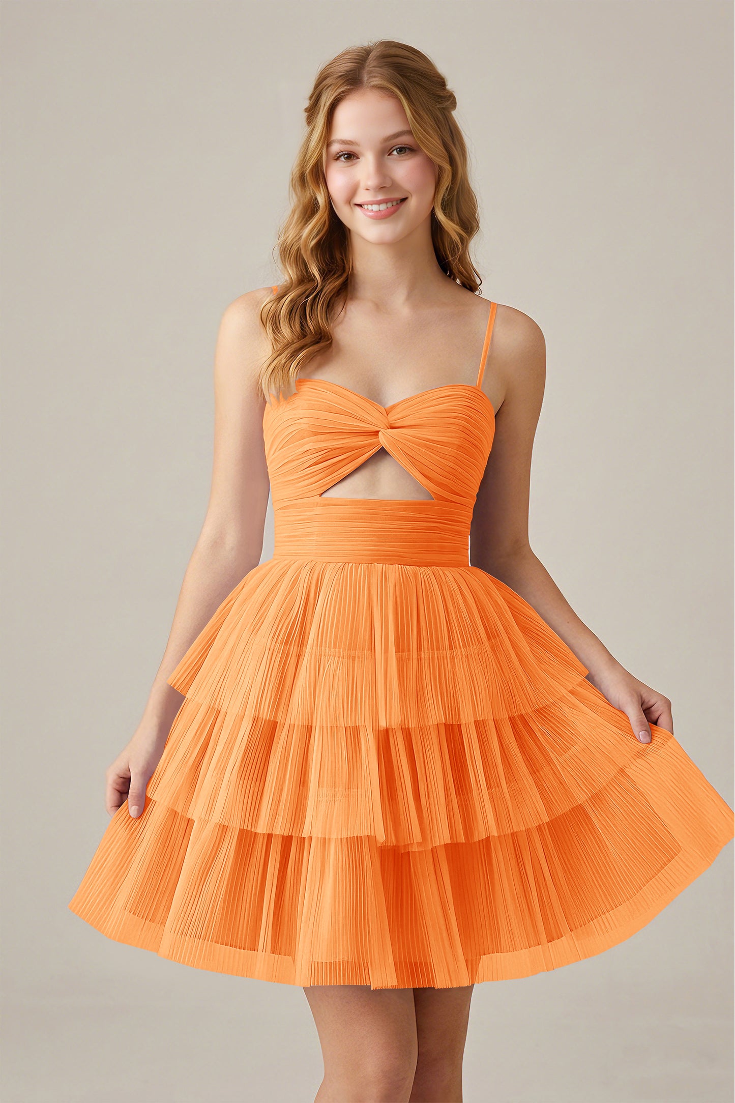 Olive Green Sleeveless Pleated Tulle Cutout Tiered Homecoming Dresses