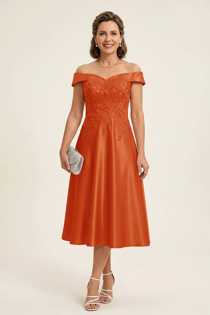 Peach Pink Off Shoulder Imitation Stretch Satin Tea-Length Mother Dresses
