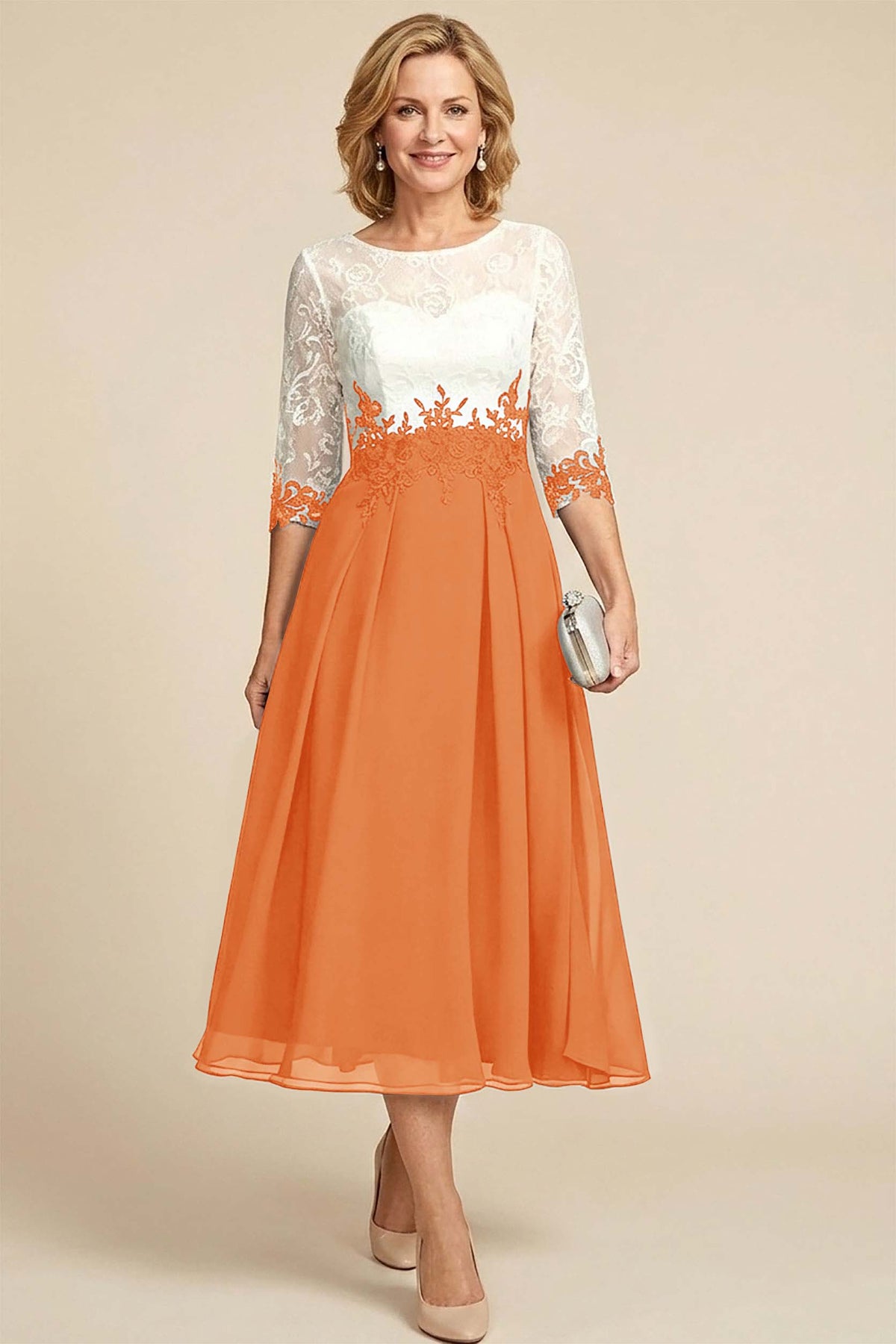 Navy Blue 3/4 Sleeve Two-Tone Lace Chiffon Mother Dresses