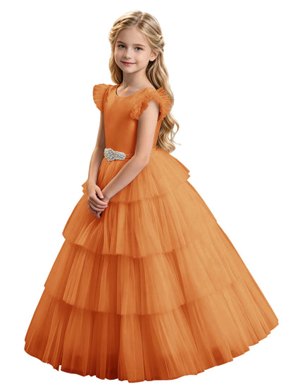 Sky Blue Tiered Tulle Flower Girl Dress with Rhinestone Belt & V-Back