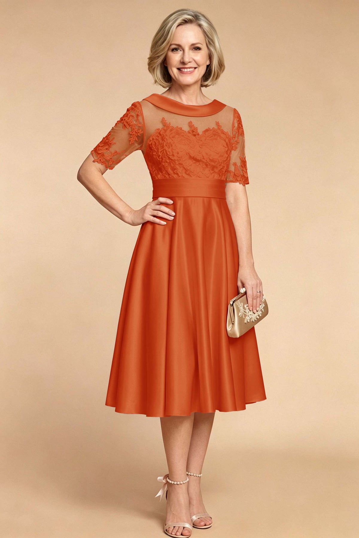 Champagne Imitation Stretch Satin Elbow Sleeve Tea-Length Mother Dresses