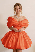 Ivory Off-the-Shoulder Bubble Hem Satin Homecoming Dresses