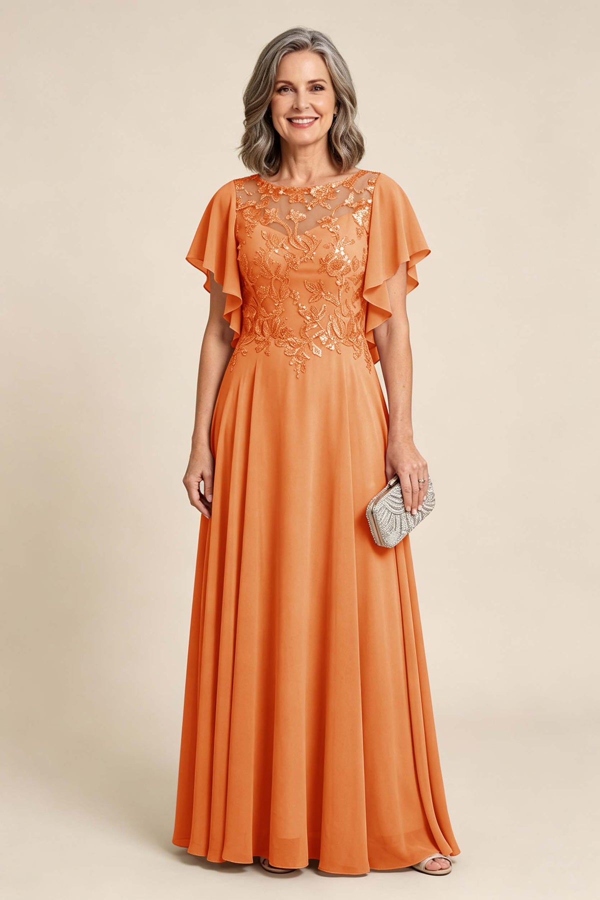 Lilac Scoop Neck Flutter Sleeve Lace Appliques Chiffon Mother Dresses