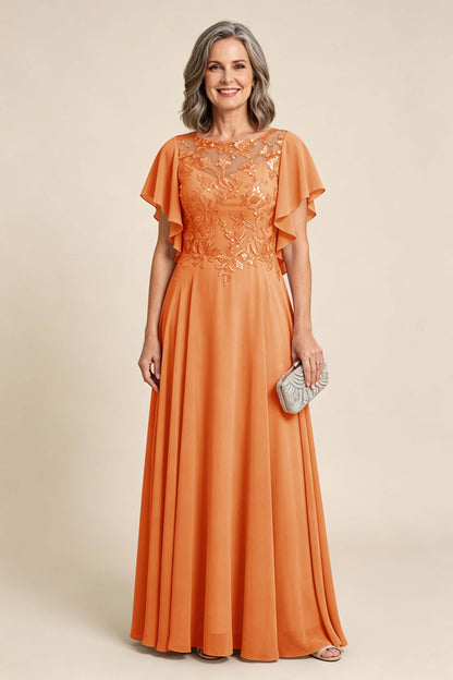 Lilac Scoop Neck Flutter Sleeve Lace Appliques Chiffon Mother Dresses