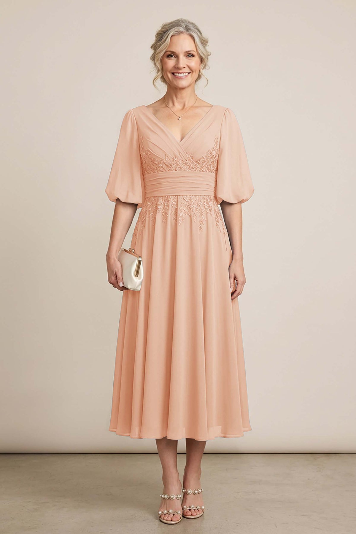 Dusty Blue V-Neck Lace Chiffon Tea-Length Mother Dresses