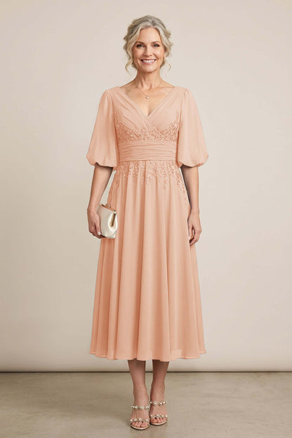 Dusty Blue V-Neck Lace Chiffon Tea-Length Mother Dresses