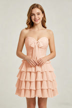 Strapless Yellow Chiffon Tiered Short Homecoming Dresses with Bow
