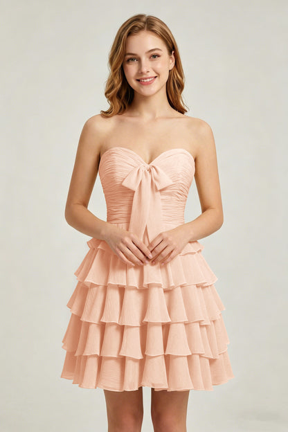 Strapless Yellow Chiffon Tiered Short Homecoming Dresses with Bow
