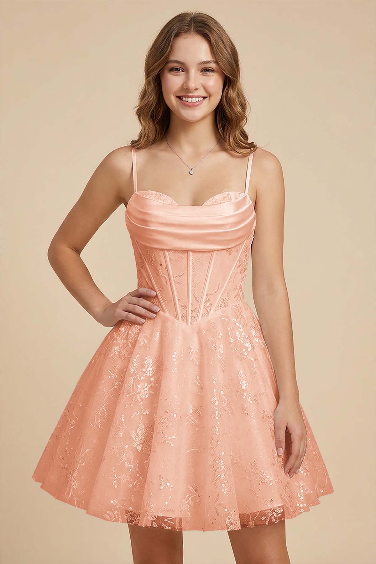 White Cowl Neck Sequin Satin Corset Homecoming Dresses