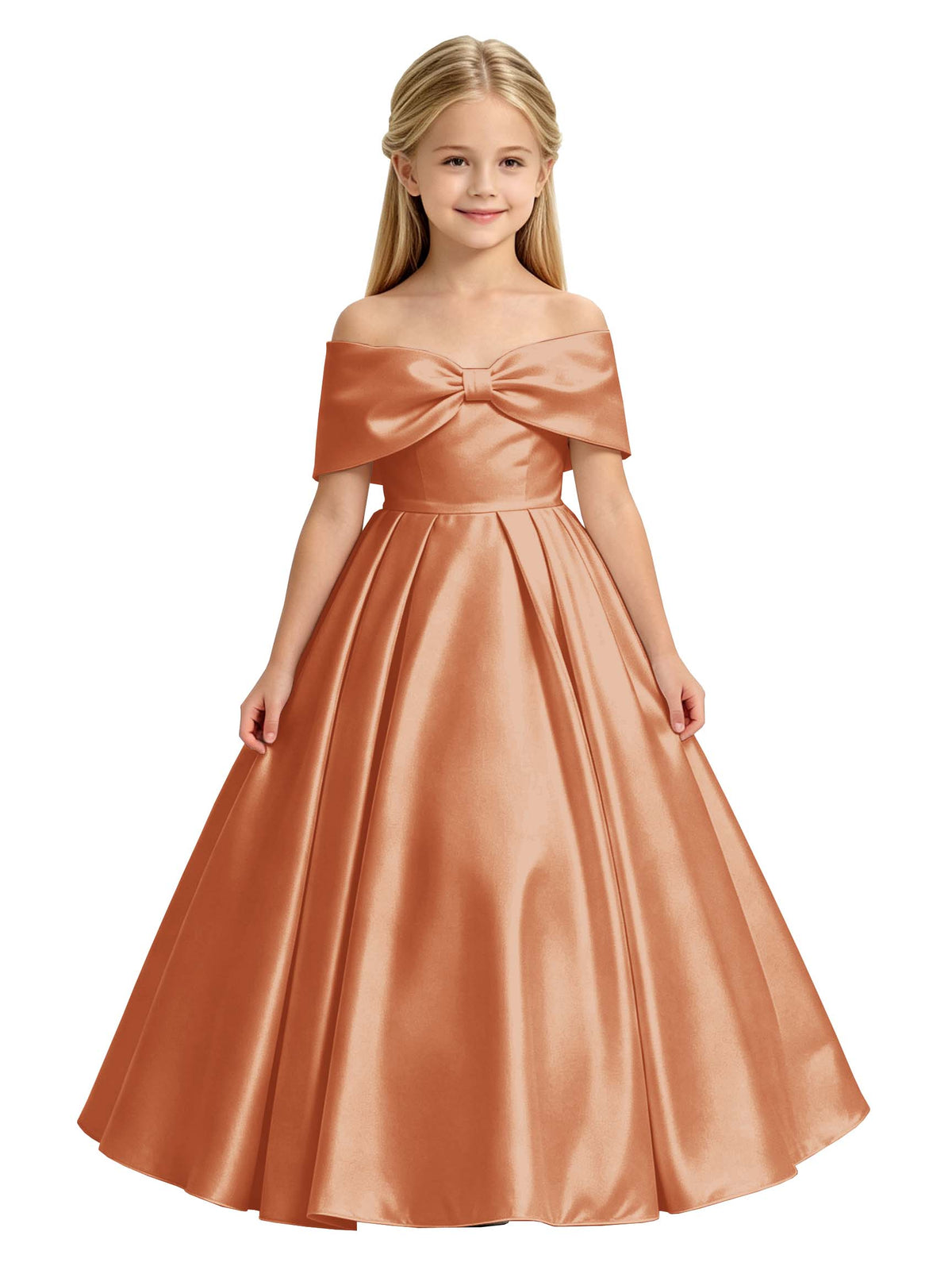 Off-the-Shoulder Satin Ball Gown Flower Girl Dress with Big Back Bow