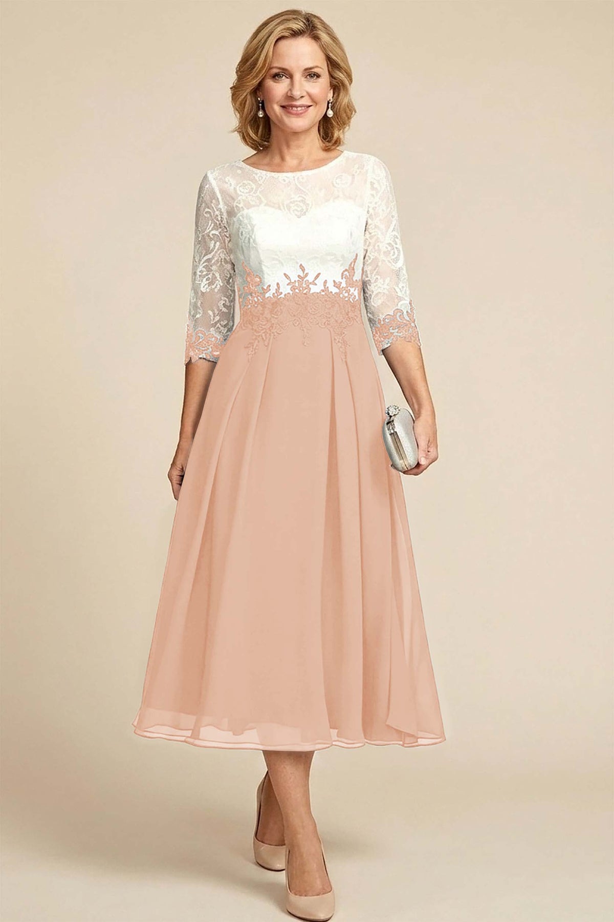 Navy Blue 3/4 Sleeve Two-Tone Lace Chiffon Mother Dresses