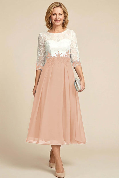 Navy Blue 3/4 Sleeve Two-Tone Lace Chiffon Mother Dresses