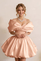 Ivory Off-the-Shoulder Bubble Hem Satin Homecoming Dresses