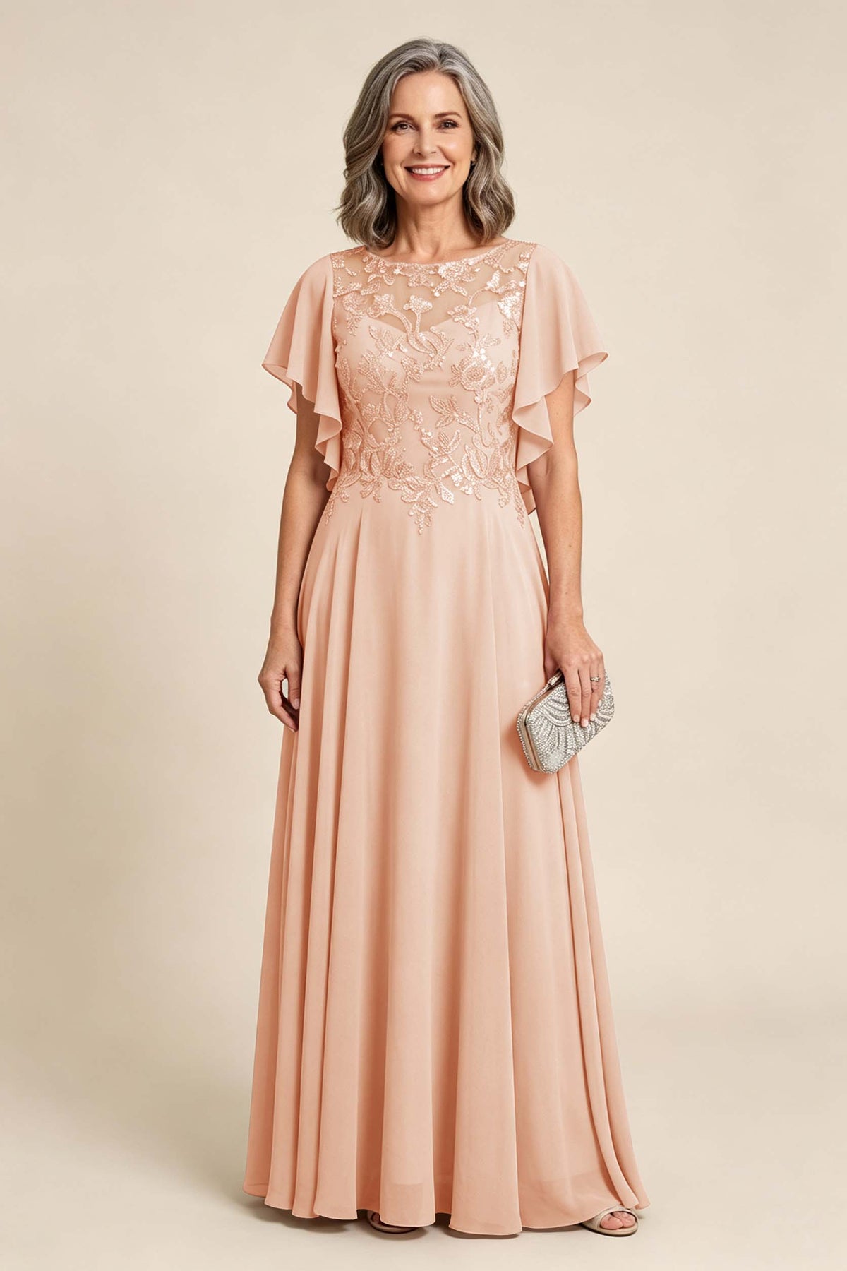 Lilac Scoop Neck Flutter Sleeve Lace Appliques Chiffon Mother Dresses