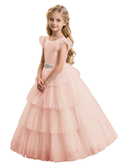 Sky Blue Tiered Tulle Flower Girl Dress with Rhinestone Belt & V-Back