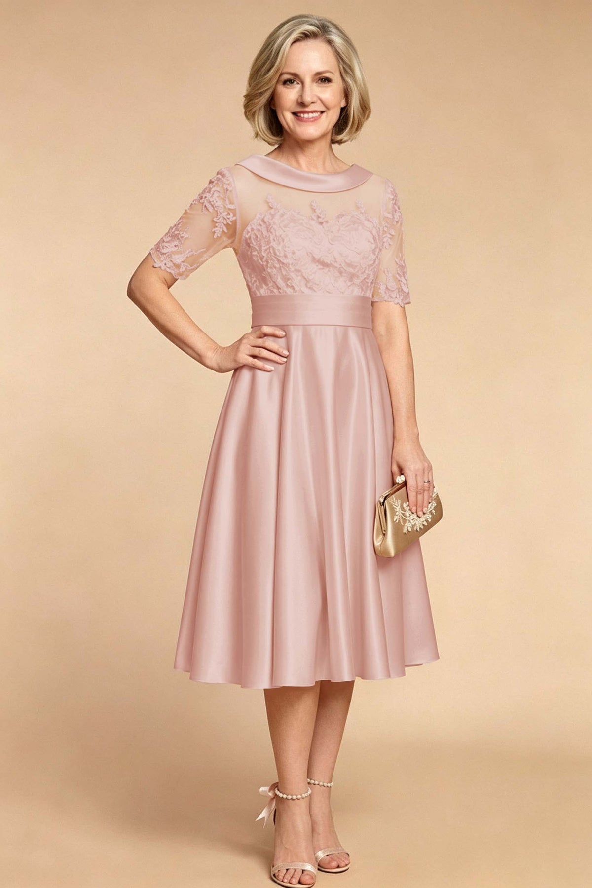 Champagne Imitation Stretch Satin Elbow Sleeve Tea-Length Mother Dresses