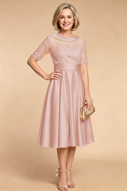 Champagne Imitation Stretch Satin Elbow Sleeve Tea-Length Mother Dresses