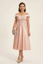 Peach Pink Off Shoulder Imitation Stretch Satin Tea-Length Mother Dresses