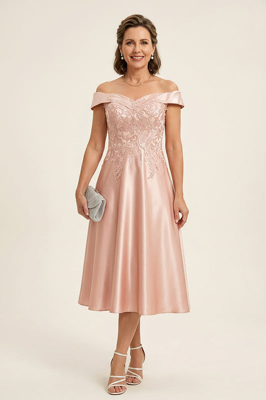 Peach Pink Off Shoulder Imitation Stretch Satin Tea-Length Mother Dresses