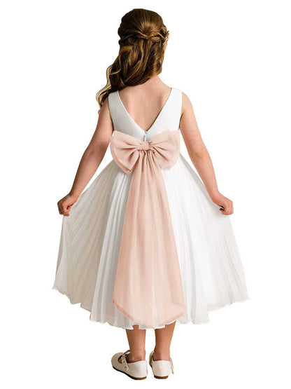 Elegant A-Line Pleated Chiffon Flower Girl Dress with Big Bow Sash