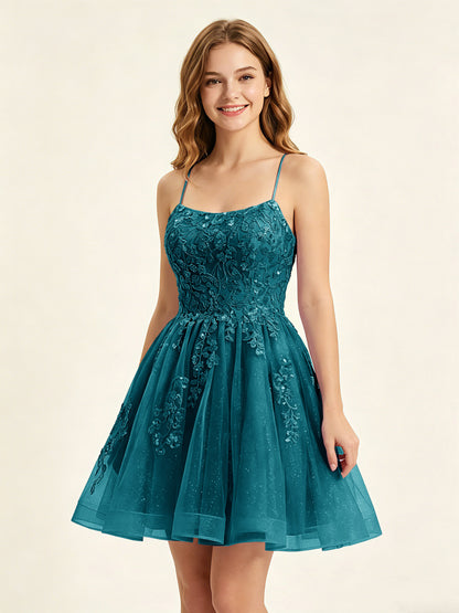 A Line Sequins Lilac Tulle Homecoming Dresses with Appliques