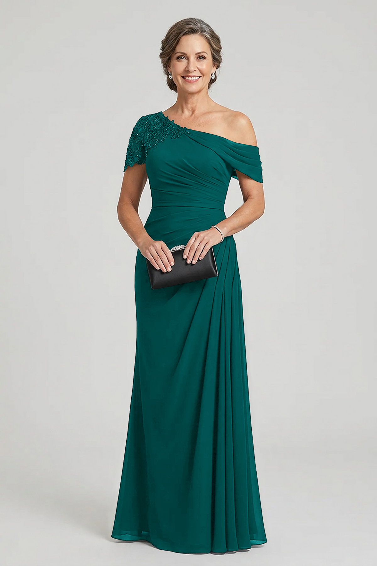 Black One-Shoulder Beaded Ruched Chiffon Mother Dresses