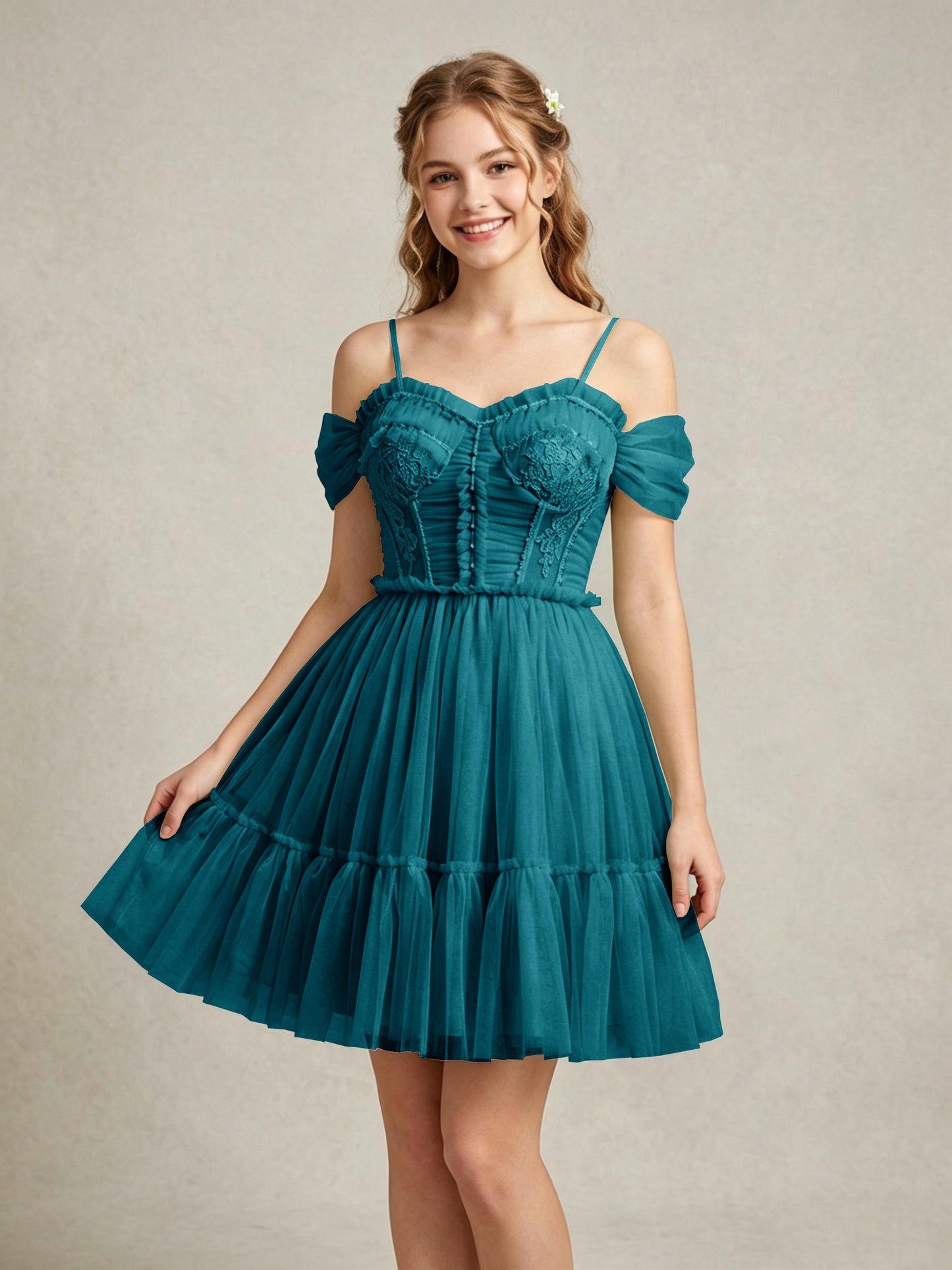 Cold Shoulder Lilac Tulle Dresses with Corset Bodice and Lace Appliques