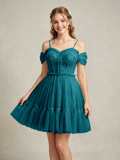 Cold Shoulder Lilac Tulle Dresses with Corset Bodice and Lace Appliques