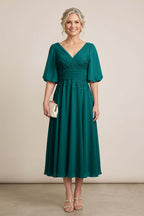 Dusty Blue V-Neck Lace Chiffon Tea-Length Mother Dresses