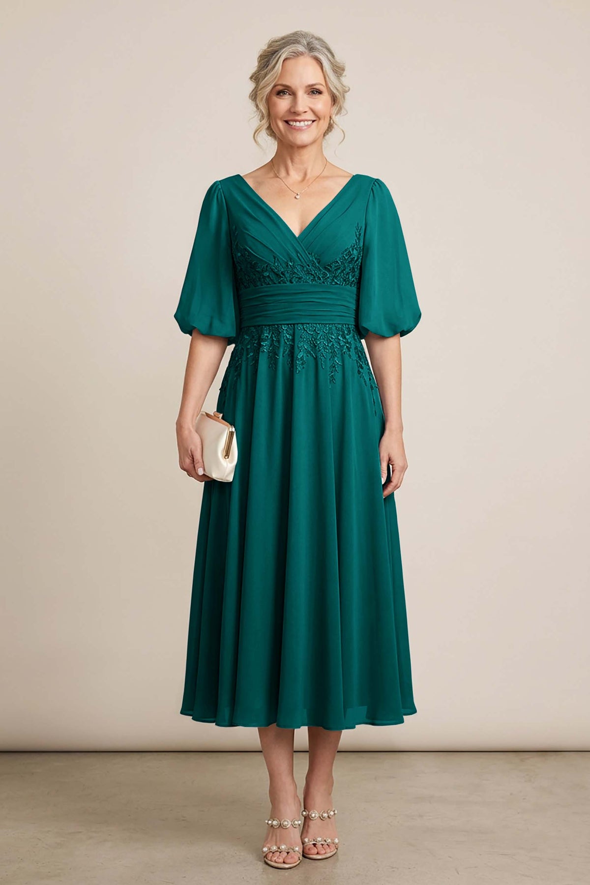 Dusty Blue V-Neck Lace Chiffon Tea-Length Mother Dresses