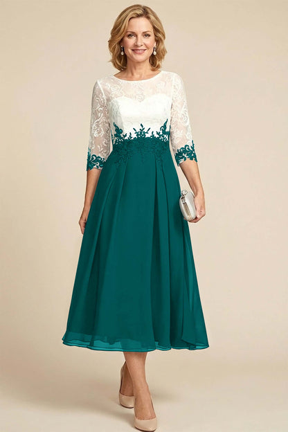 Navy Blue 3/4 Sleeve Two-Tone Lace Chiffon Mother Dresses