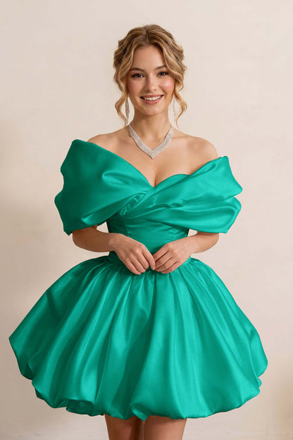 Ivory Off-the-Shoulder Bubble Hem Satin Homecoming Dresses
