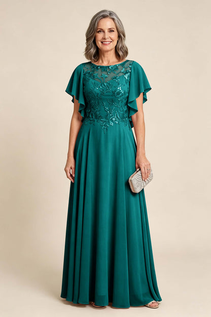 Lilac Scoop Neck Flutter Sleeve Lace Appliques Chiffon Mother Dresses