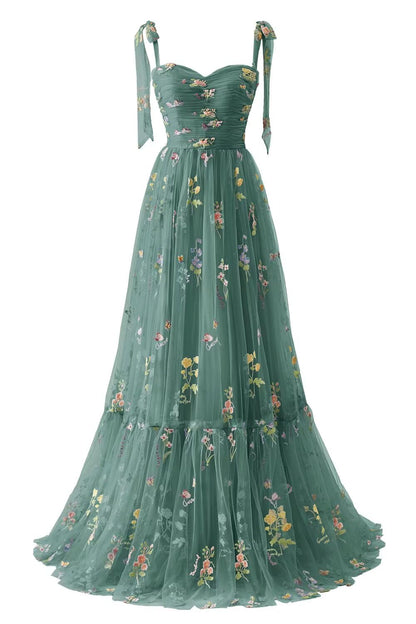 Black Floral Embroidery Tulle Flower Girl Dress with Tie Straps
