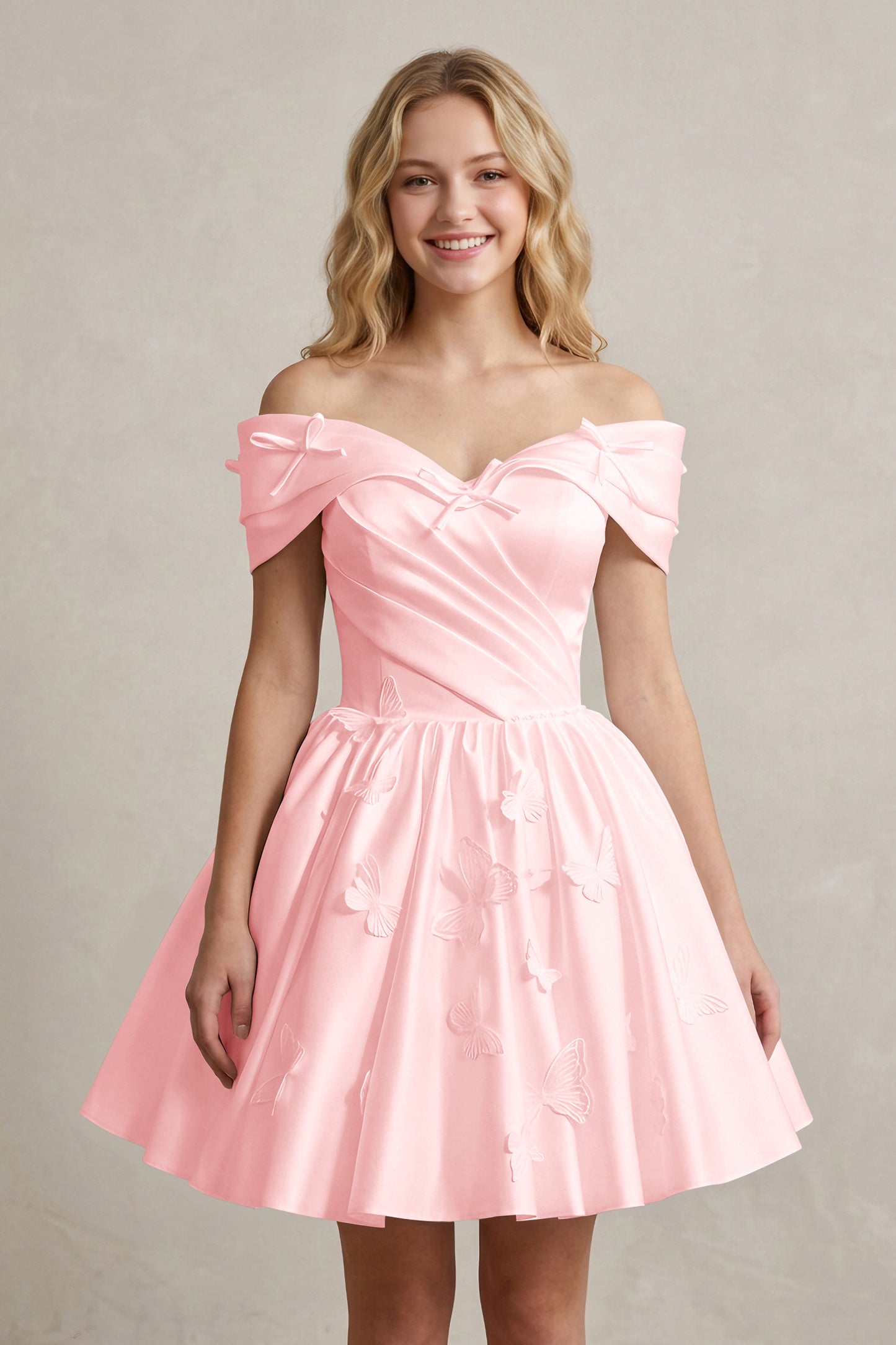 A Line Off Shoulder Ivory Satin Short Homecoming Dresses
