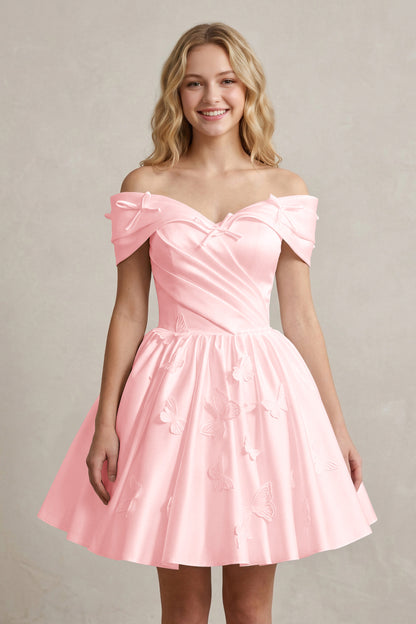 A Line Off Shoulder Ivory Satin Short Homecoming Dresses