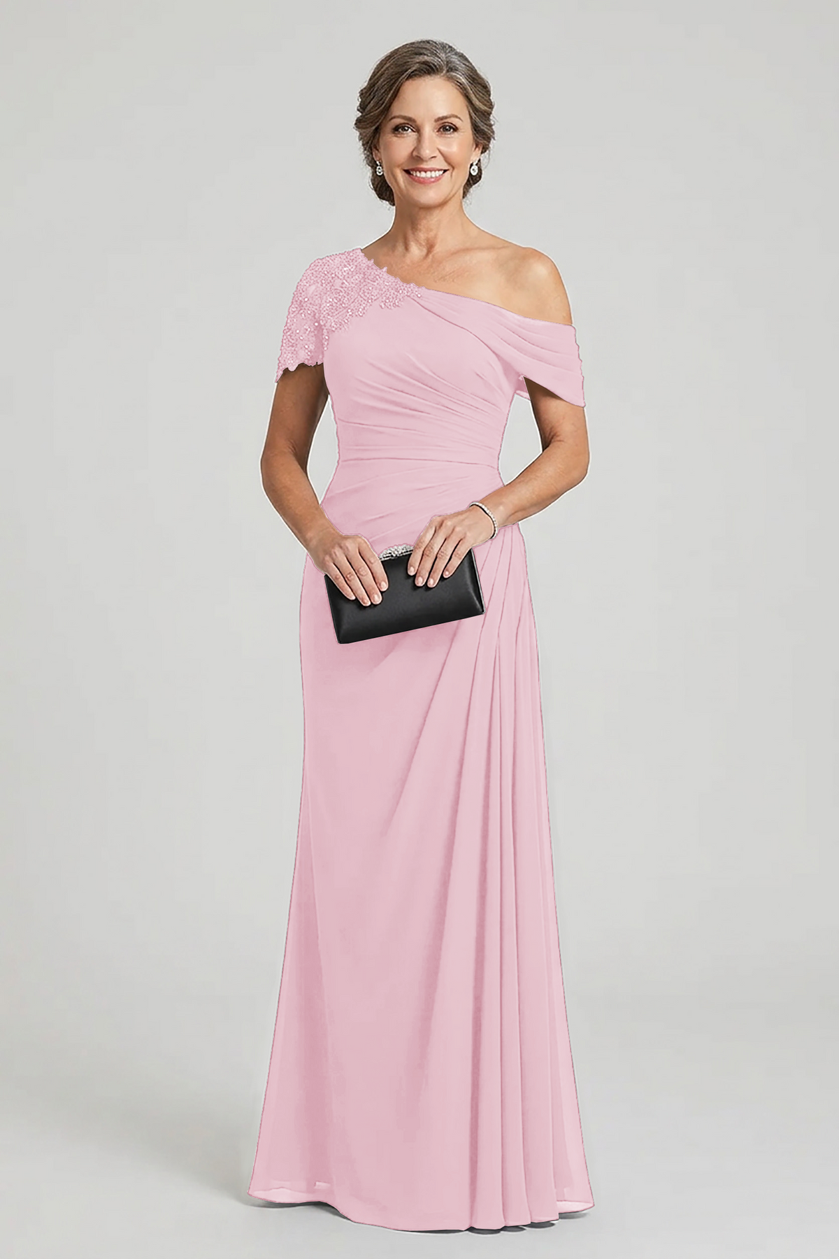 Black One-Shoulder Beaded Ruched Chiffon Mother Dresses